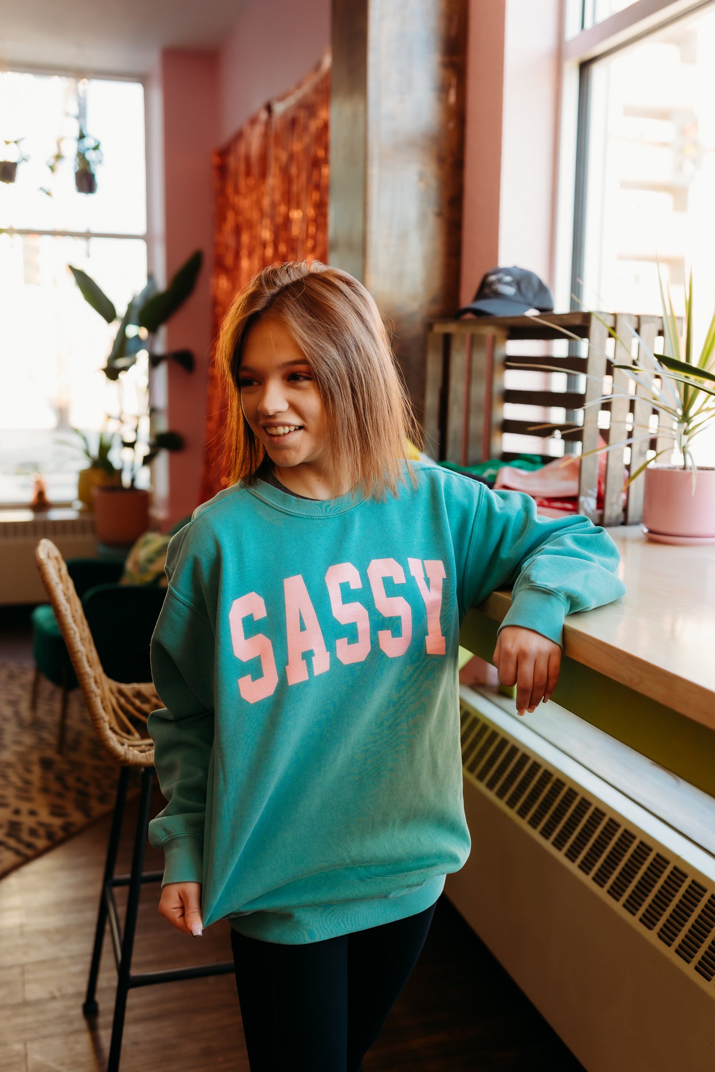 Seafoam SASSY Crewneck block letters