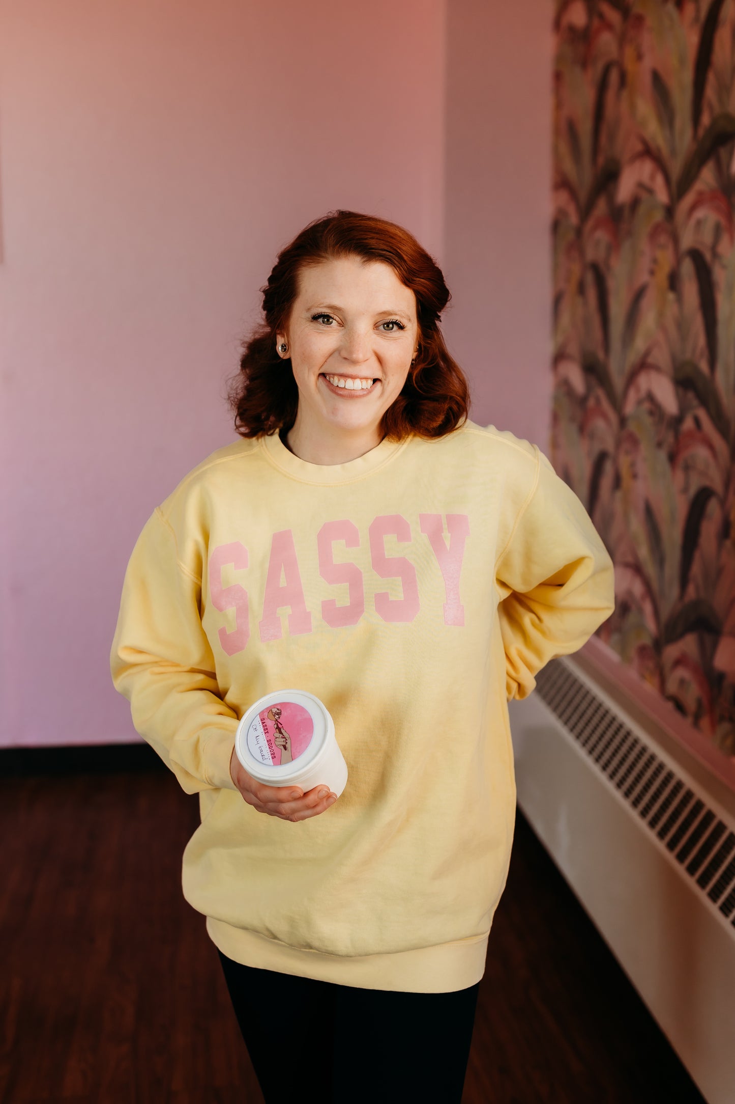 Yellow SASSY Crewneck block letters