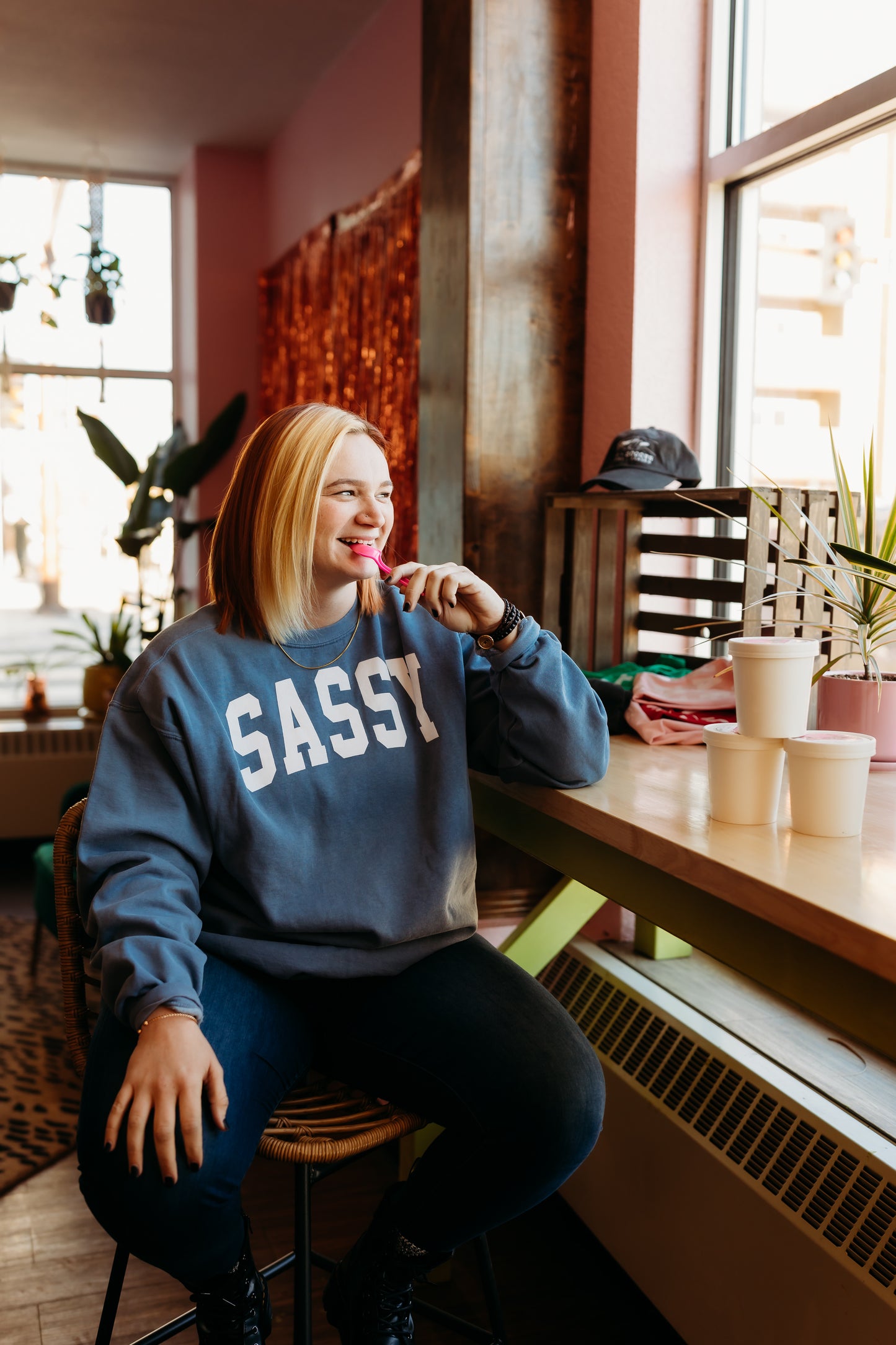 Denim Blue SASSY Crewneck block letters