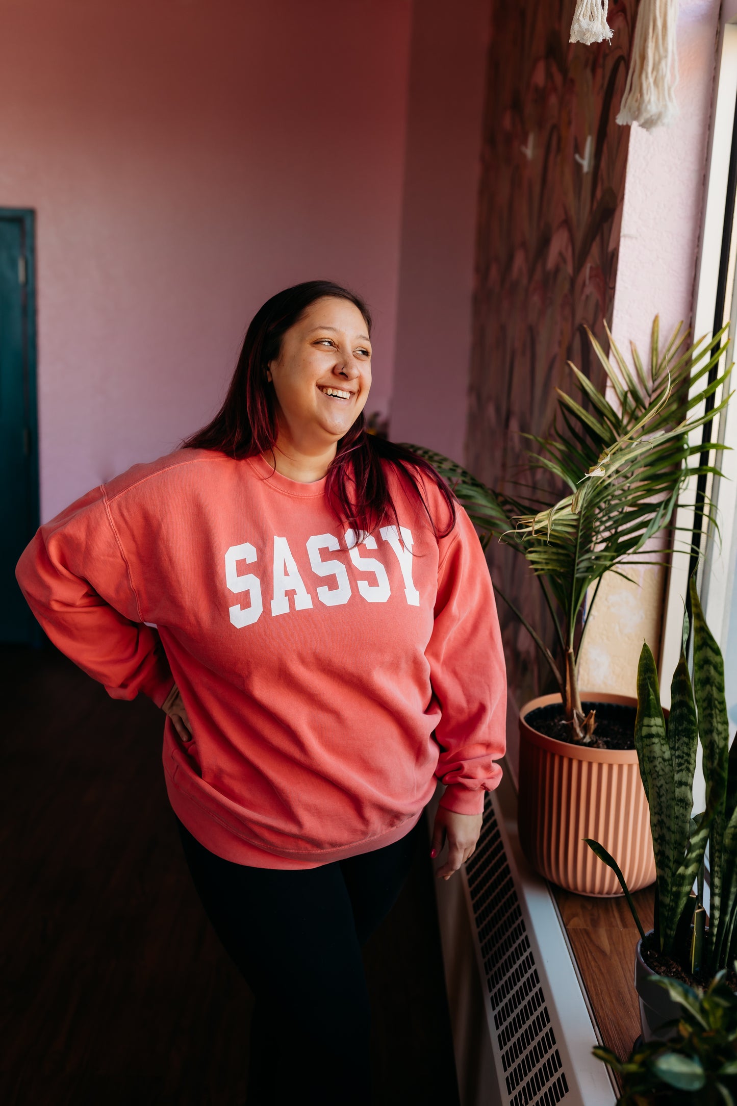 Coral SASSY Crewneck block letters